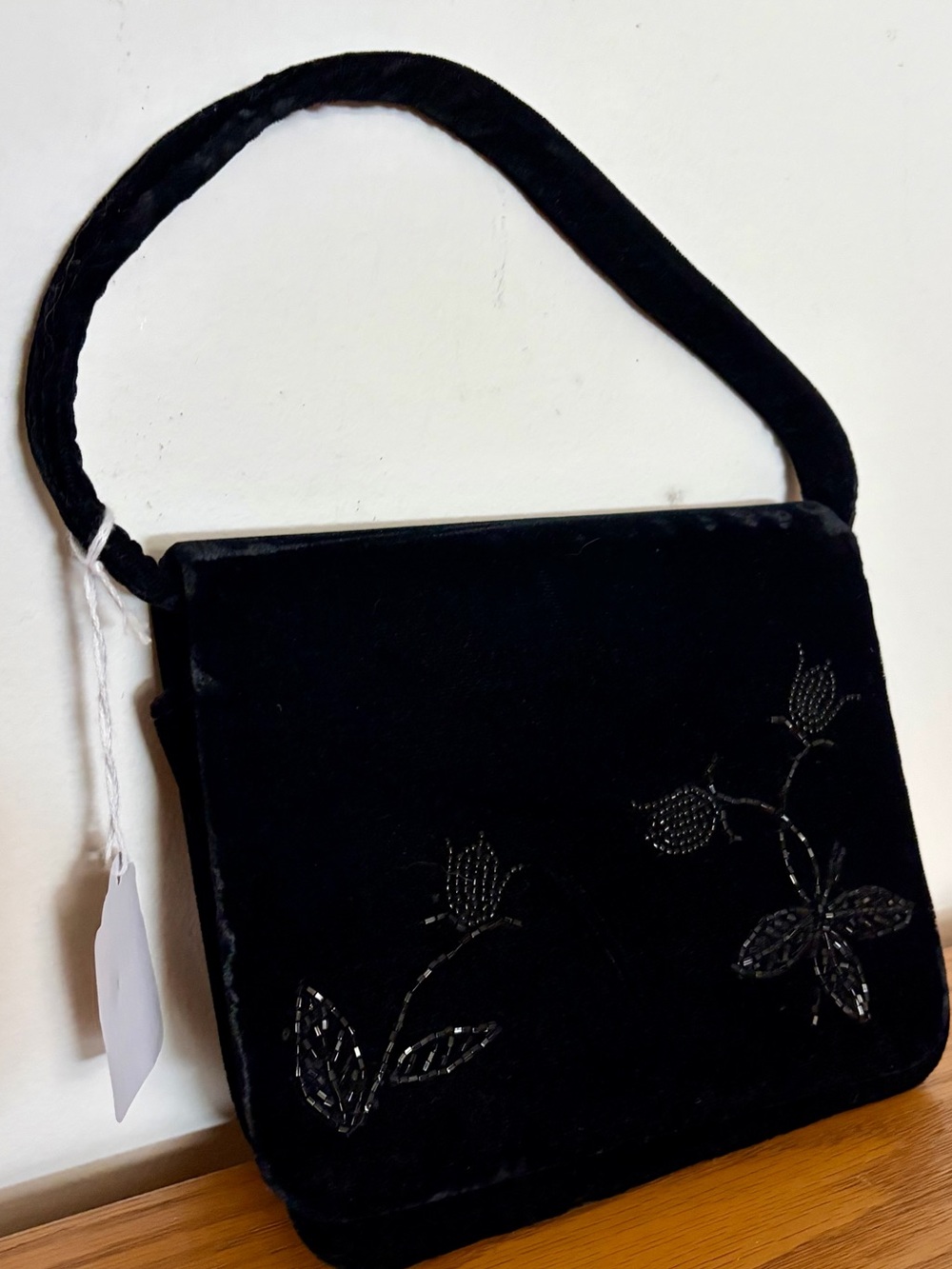 Vintage 90s Y2K Black Velvet Beaded Floral Evening Mini Hand or Shoulder Bag